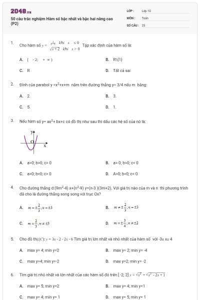 50 câu trắc nghiệm Hàm số bậc nhất và bậc hai nâng cao (P2)