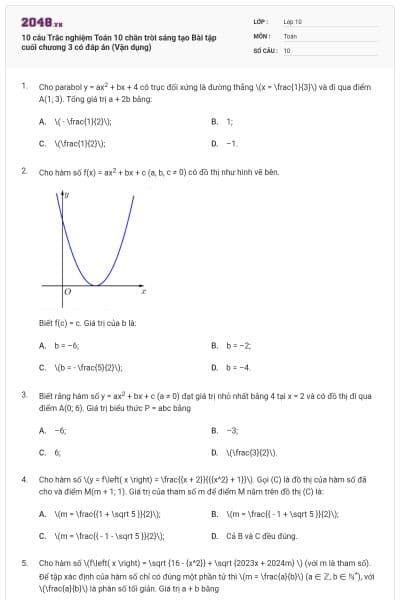 10 câu Trắc nghiệm Toán 10 chân trời sáng tạo Bài tập cuối chương 3 có đáp án (Vận dụng)