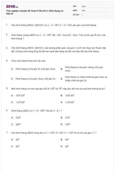 Trắc nghiệm chuyên đề Toán 8 Chủ đề 2: Hình thang có đáp án