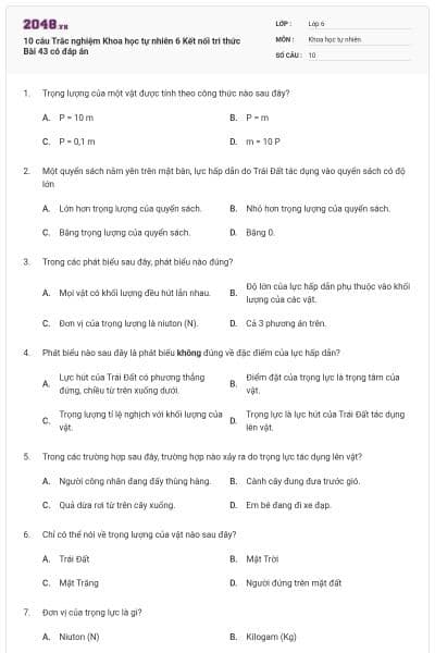 10 câu Trắc nghiệm Khoa học tự nhiên 6 Kết nối tri thức Bài 43 có đáp án