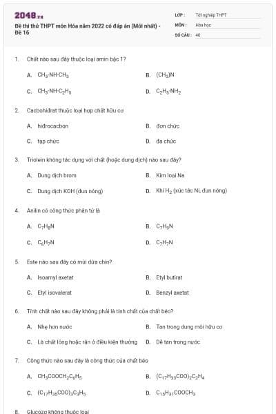 Đề thi thử THPT môn Hóa năm 2022 có đáp án (Mới nhất) - Đề 16