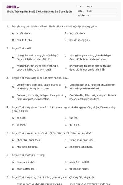 10 câu Trắc nghiệm Địa lý 6 Kết nối tri thức Bài 5 có đáp án