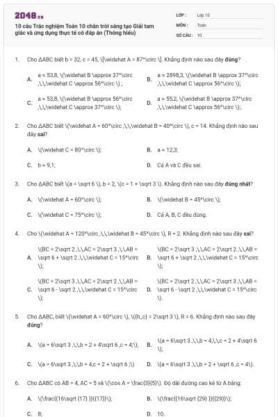10 câu Trắc nghiệm Toán 10 chân trời sáng tạo Giải tam giác và ứng dụng thực tế có đáp án (Thông hiểu)