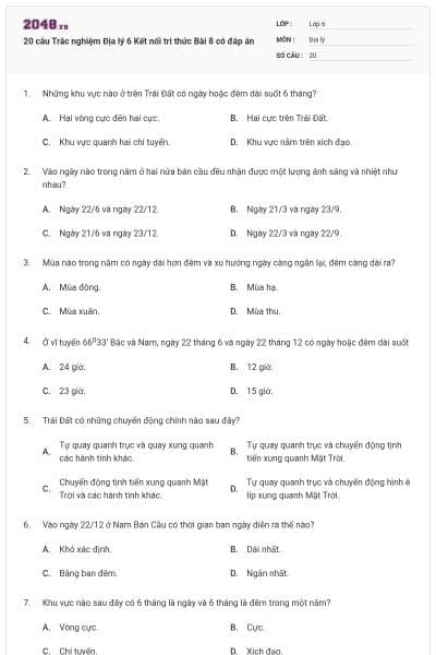 20 câu Trắc nghiệm Địa lý 6 Kết nối tri thức Bài 8 có đáp án