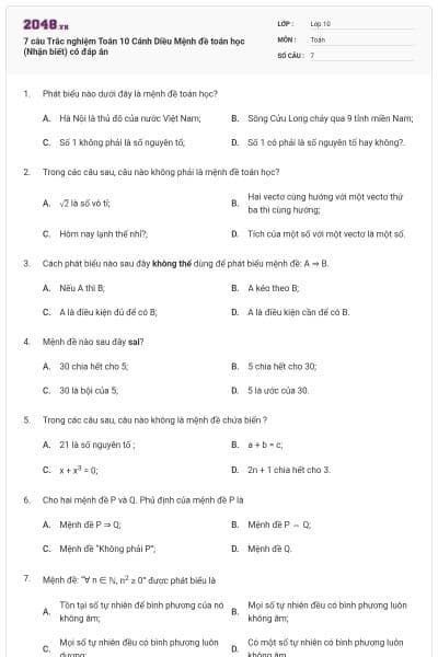 7 câu Trắc nghiệm Toán 10 Cánh Diều Mệnh đề toán học (Nhận biết) có đáp án