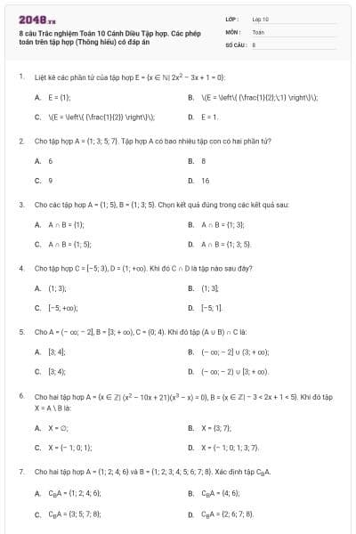 8 câu Trắc nghiệm Toán 10 Cánh Diều Tập hợp. Các phép toán trên tập hợp (Thông hiểu) có đáp án