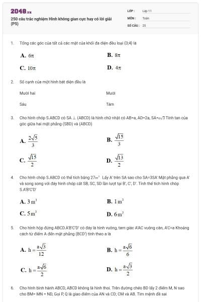 250 câu trắc nghiệm Hình không gian cực hay có lời giải (P5)