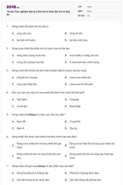 10 câu Trắc nghiệm Địa lý 6 Kết nối tri thức Bài 24 có đáp án