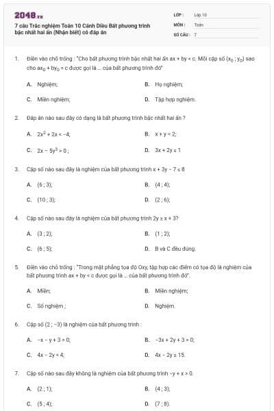 7 câu Trắc nghiệm Toán 10 Cánh Diều Bất phương trình bậc nhất hai ẩn (Nhận biết) có đáp án