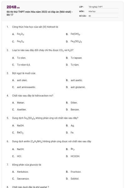 Đề thi thử THPT môn Hóa năm 2022 có đáp án (Mới nhất) - Đề 17