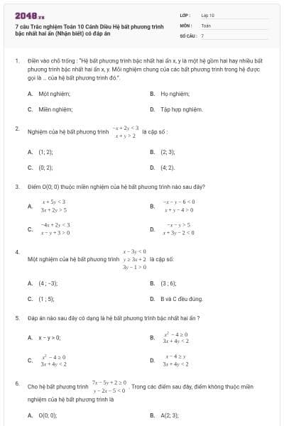 7 câu Trắc nghiệm Toán 10 Cánh Diều Hệ bất phương trình bậc nhất hai ẩn (Nhận biết) có đáp án