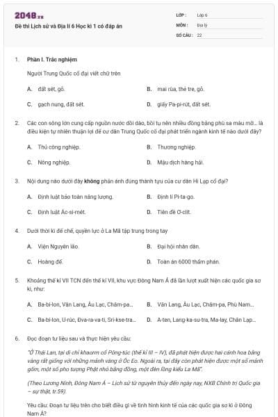 Đề thi Lịch sử và Địa lí 6 Học kì 1 có đáp án