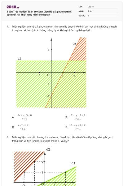 8 câu Trắc nghiệm Toán 10 Cánh Diều Hệ bất phương trình bậc nhất hai ẩn (Thông hiểu) có đáp án