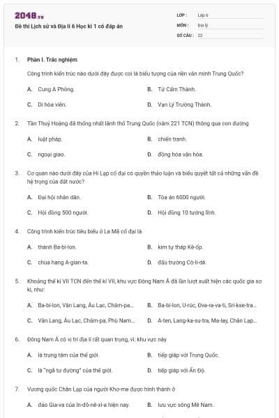 Đề thi Lịch sử và Địa lí 6 Học kì 1 có đáp án