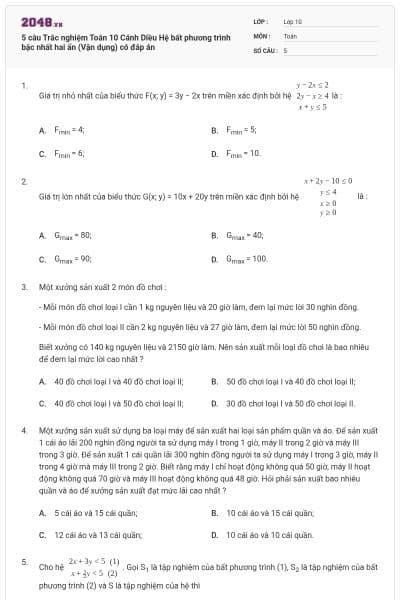 5 câu Trắc nghiệm Toán 10 Cánh Diều Hệ bất phương trình bậc nhất hai ẩn (Vận dụng) có đáp án