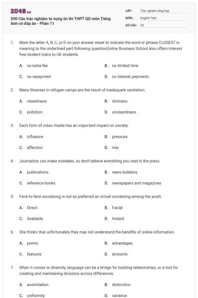 500 Câu trắc nghiệm từ vựng ôn thi THPT QG môn Tiếng Anh có đáp án - Phần 11