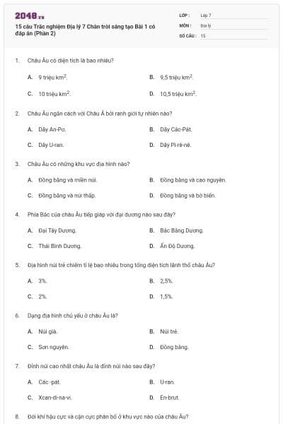 15 câu Trắc nghiệm Địa lý 7 Chân trời sáng tạo Bài 1 có đáp án (Phần 2)