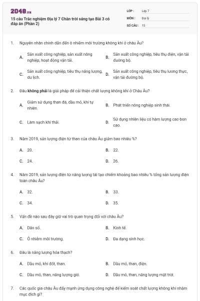 15 câu Trắc nghiệm Địa lý 7 Chân trời sáng tạo Bài 3 có đáp án (Phần 2)