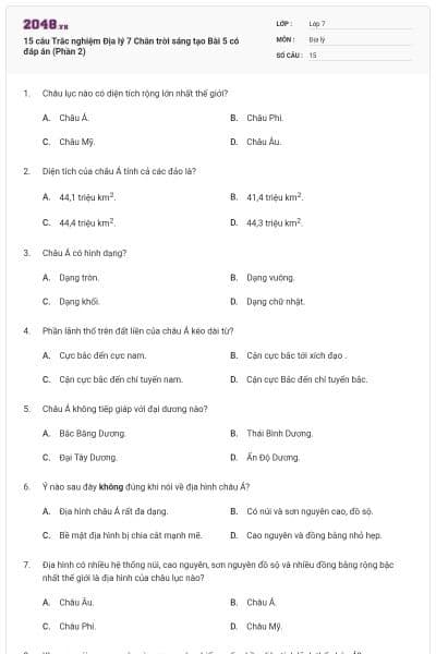 15 câu Trắc nghiệm Địa lý 7 Chân trời sáng tạo Bài 5 có đáp án (Phần 2)