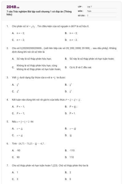 7 câu Trắc nghiệm Bài tập cuối chương 1 có đáp án (Thông hiểu)