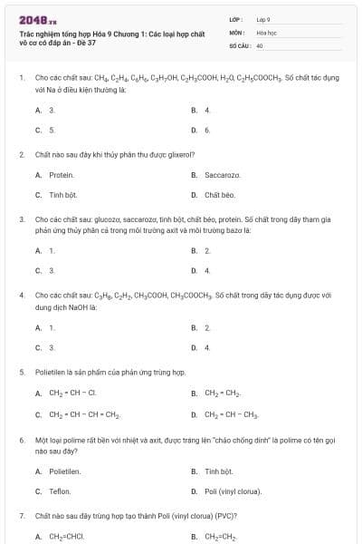 Trắc nghiệm tổng hợp Hóa 9 Chương 1: Các loại hợp chất vô cơ có đáp án - Đề 37