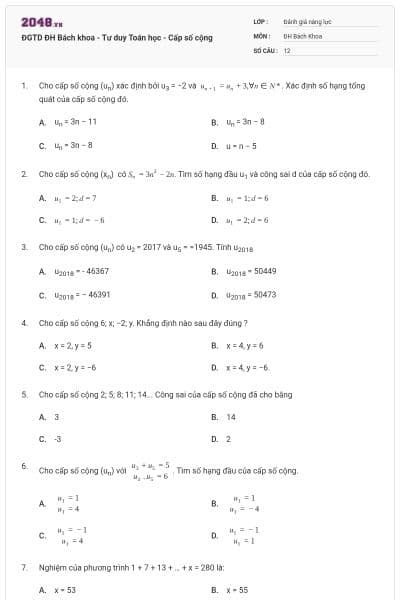 ĐGTD ĐH Bách khoa - Tư duy Toán học - Cấp số cộng