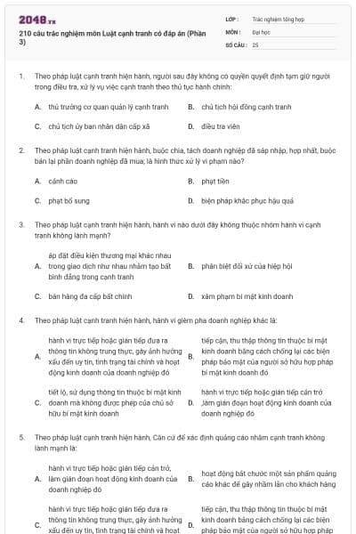 210 câu trắc nghiệm môn Luật cạnh tranh có đáp án (Phần 3)