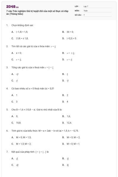 7 câu Trắc nghiệm Giá trị tuyệt đối của một số thực có đáp án (Thông hiểu)