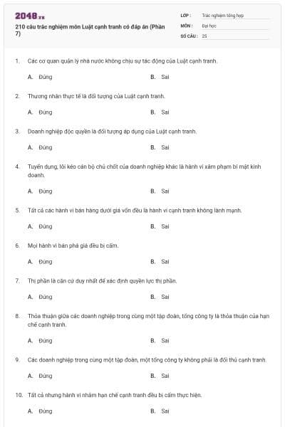 210 câu trắc nghiệm môn Luật cạnh tranh có đáp án (Phần 7)