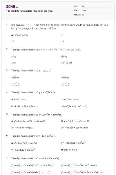 100 câu trắc nghiệm Đạo hàm nâng cao (P3)