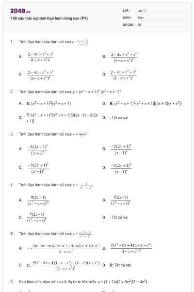100 câu trắc nghiệm Đạo hàm nâng cao (P1)