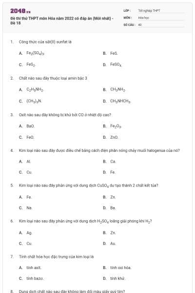 Đề thi thử THPT môn Hóa năm 2022 có đáp án (Mới nhất) - Đề 18