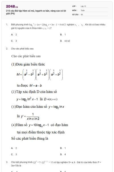 215 câu Bài tập Hàm số mũ, logarit cơ bản, nâng cao có lời giải (P6)