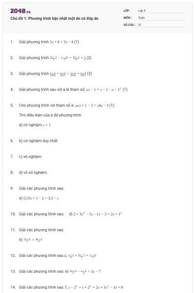 Chủ đề 1: Phương trình bậc nhất một ẩn có đáp án