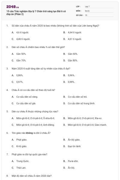 15 câu Trắc nghiệm Địa lý 7 Chân trời sáng tạo Bài 6 có đáp án (Phần 2)