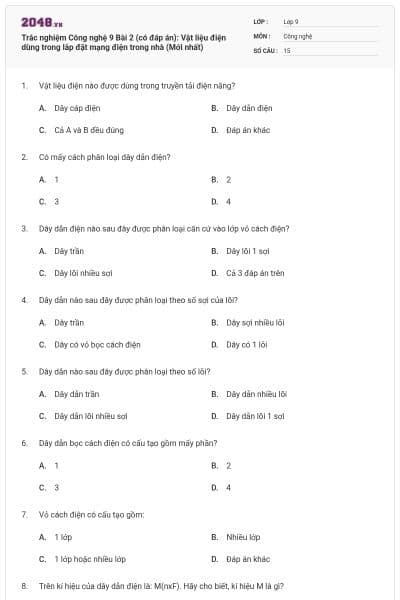 Trắc nghiệm Công nghệ 9 Bài 2 (có đáp án): Vật liệu điện dùng trong lắp đặt mạng điện trong nhà (Mới nhất)