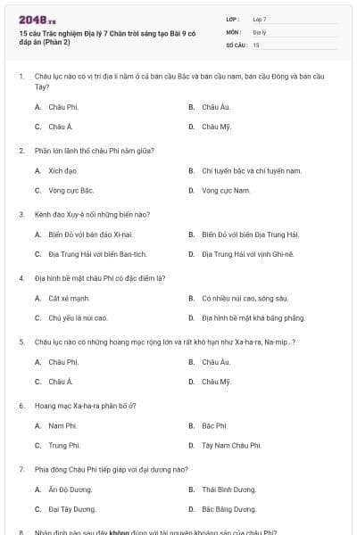 15 câu Trắc nghiệm Địa lý 7 Chân trời sáng tạo Bài 9 có đáp án (Phần 2)