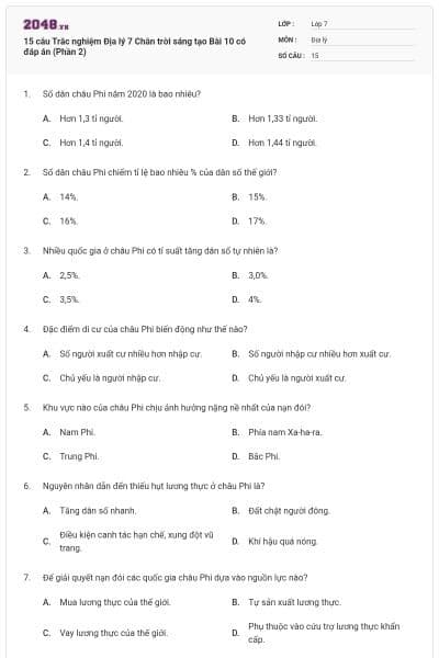 15 câu Trắc nghiệm Địa lý 7 Chân trời sáng tạo Bài 10 có đáp án (Phần 2)
