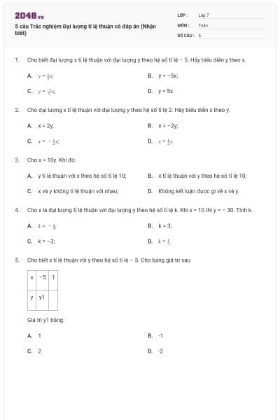 5 câu Trắc nghiệm Đại lượng tỉ lệ thuận có đáp án (Nhận biết)