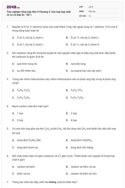 Trắc nghiệm tổng hợp Hóa 9 Chương 2: Các loại hợp chất vô cơ có đáp án - Đề 1