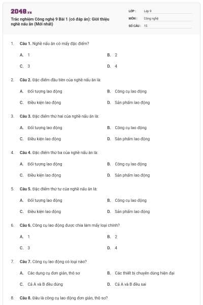 Trắc nghiệm Công nghệ 9 Bài 1 (có đáp án): Giới thiệu nghề nấu ăn (Mới nhất)