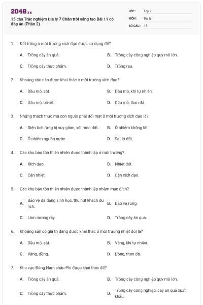 15 câu Trắc nghiệm Địa lý 7 Chân trời sáng tạo Bài 11 có đáp án (Phần 2)