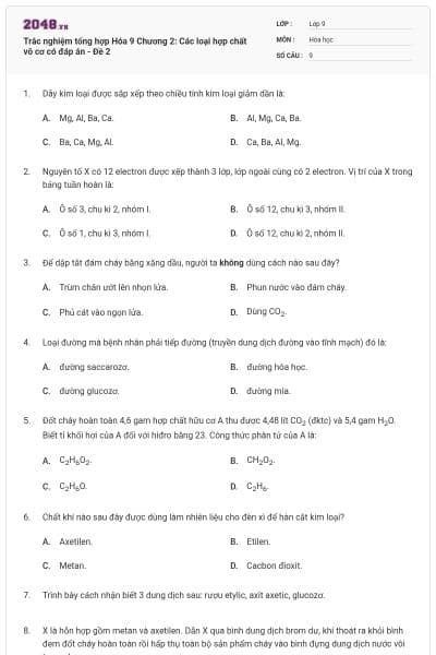 Trắc nghiệm tổng hợp Hóa 9 Chương 2: Các loại hợp chất vô cơ có đáp án - Đề 2