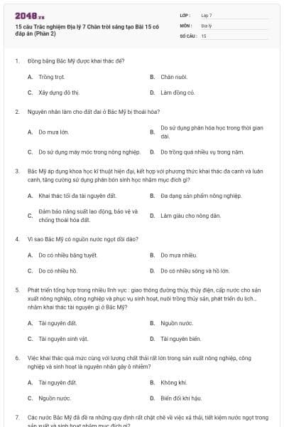 15 câu Trắc nghiệm Địa lý 7 Chân trời sáng tạo Bài 15 có đáp án (Phần 2)