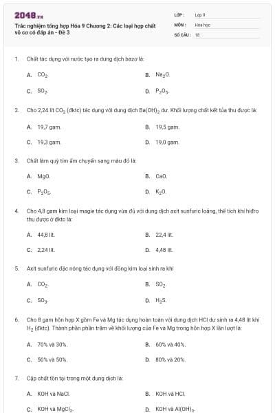 Trắc nghiệm tổng hợp Hóa 9 Chương 2: Các loại hợp chất vô cơ có đáp án - Đề 3