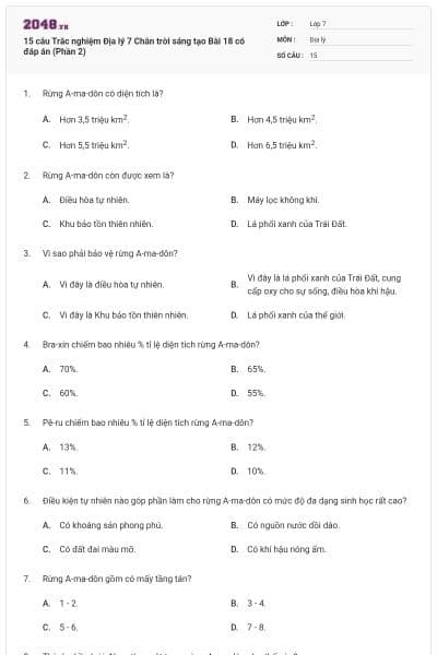 15 câu Trắc nghiệm Địa lý 7 Chân trời sáng tạo Bài 18 có đáp án (Phần 2)