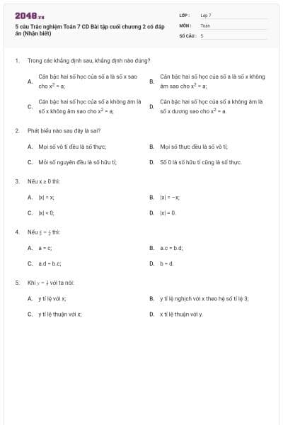 5 câu Trắc nghiệm Toán 7 CD Bài tập cuối chương 2 có đáp án (Nhận biết)