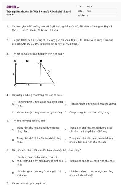 Trắc nghiệm chuyên đề Toán 8 Chủ đề 9: Hình chữ nhật có đáp án