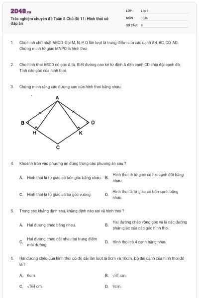 Trắc nghiệm chuyên đề Toán 8 Chủ đề 11: Hình thoi có đáp án