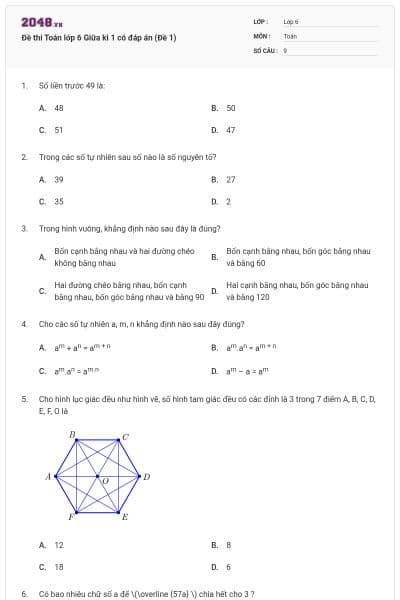 Đề thi Toán lớp 6 Giữa kì 1 có đáp án (Đề 1)